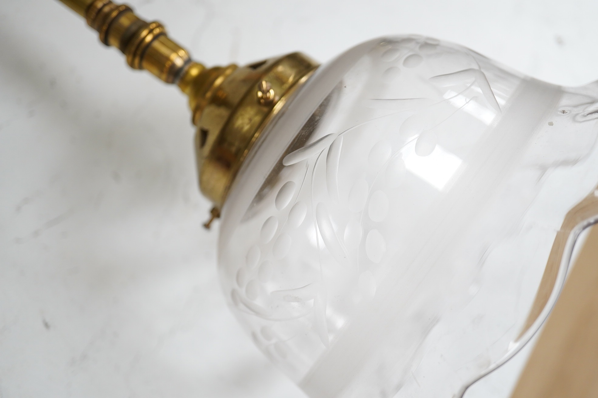 An English gas pendant converted to electricity with acid etched clear glass shade, circa 1930’s, wired, overall 72cm high. Condition - good